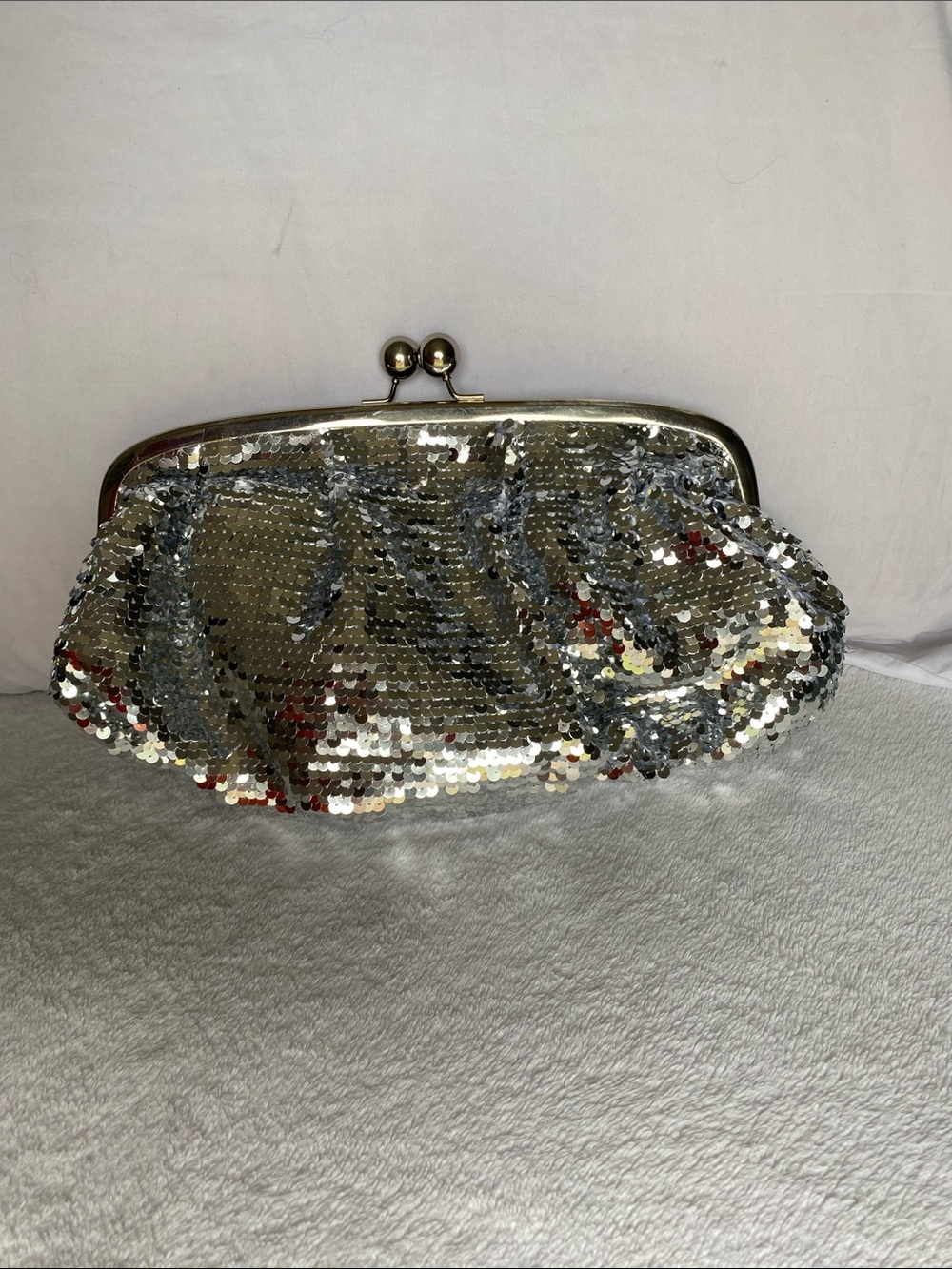 Silver Sequin Frame Clutch with Kiss-Lock Closure